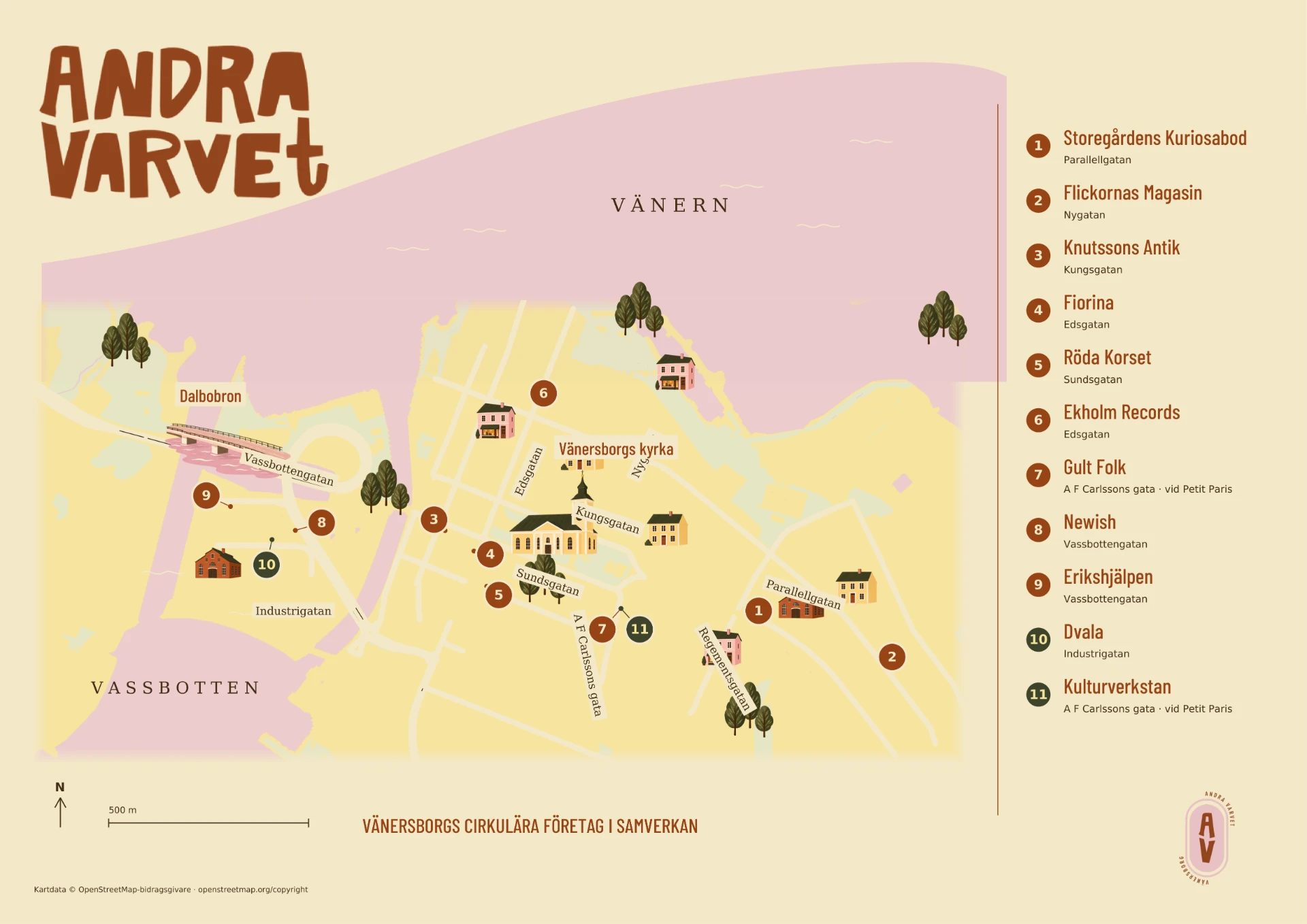 Illustrerad karta över centrala Vänersborg med Andra Varvets elva platser, numrerade 1 till 11, med teckenförklaring till höger.